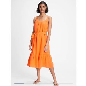 GAP Orange Sleeveless Cotton Tiered Midi Dress with Waist Tie size Small petite